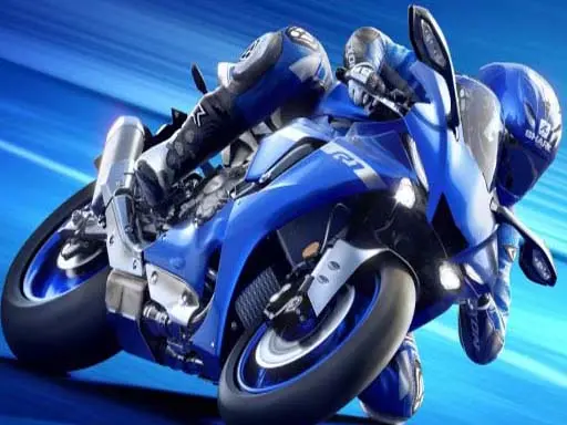 Imagem de um piloto com traje azul guiando uma motocicleta esportiva azul em alta velocidade, inclinado em uma curva acentuada com fundo azul em movimento, transmitindo a sensação de velocidade intensa.